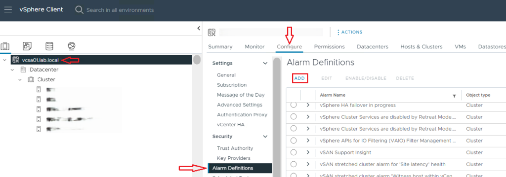 vSphere Client, Alarm Definitions
